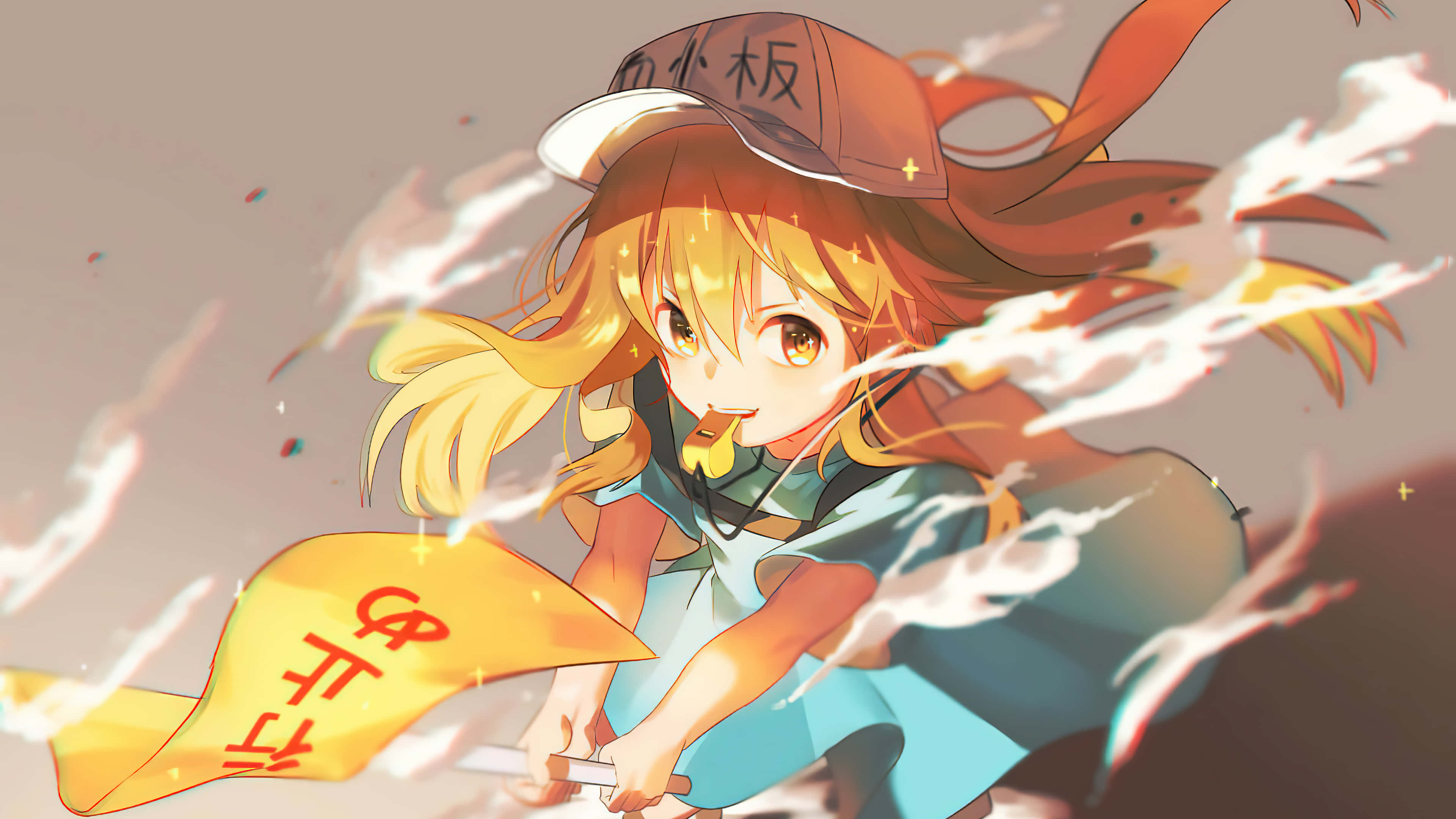 Cells At Work 桌布 壁紙 — 橙色頭髮戴帽的動漫女孩，帶著黃色橫幅和發光效果，在風中充滿活力地奔跑。