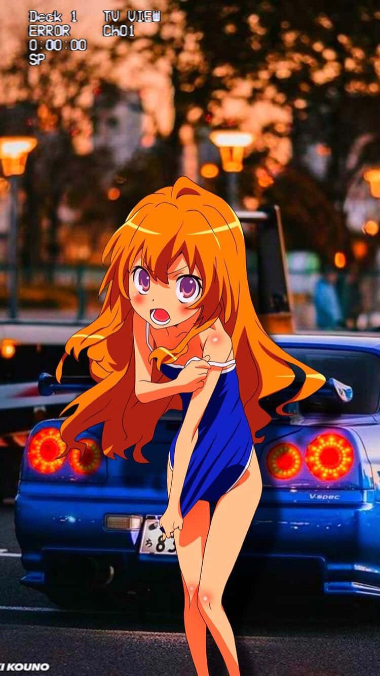 JDM 桌布 壁紙 — 橙色頭髮的動漫女孩穿著藍色泳衣，站在暮色街道上發光的藍色跑車旁。