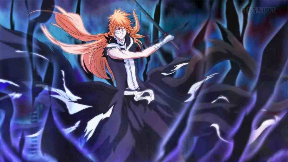 Bleach Ichigo 桌布 壁紙 — 橙色頭髮的動漫戰士在旋轉的深藍色能量中以動態戰鬥姿勢揮舞劍。