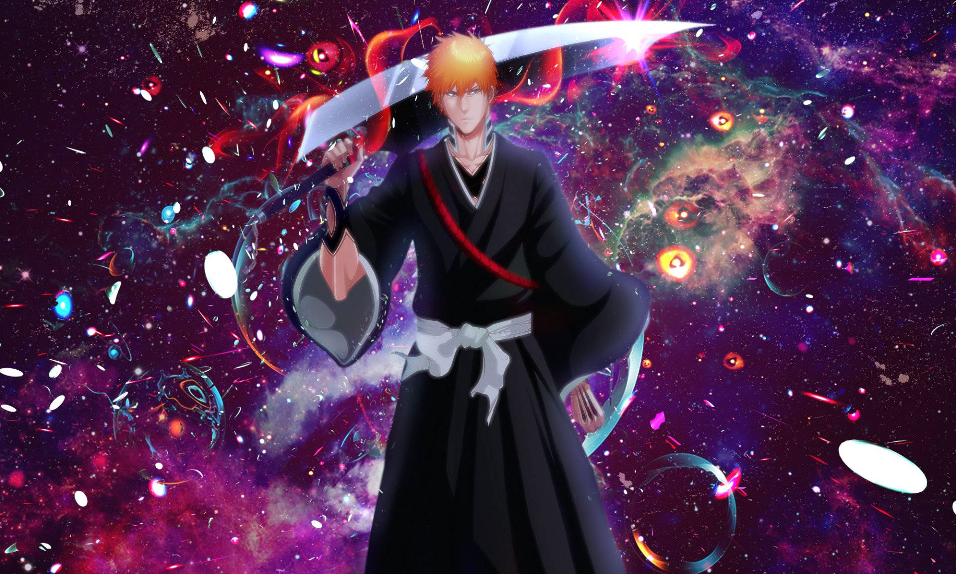 Ichigo Kurosaki 桌布 壁紙 — 橙色頭髮的動漫戰士在旋轉的紫色和粉紅色宇宙星雲背景下揮舞著發光的劍。