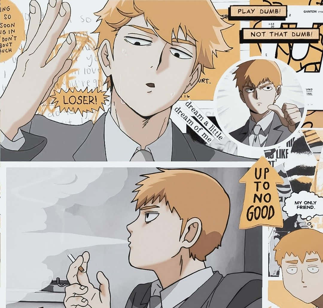 Arataka Reigen 桌布 壁紙 — 橙色頭髮的動漫角色叼著煙，被漫畫格子和對話氣泡包圍，露出得意的笑容。