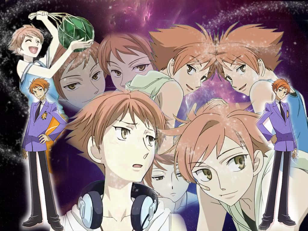Kaoru Hitachiin 桌布 壁紙 — 橙色頭髮的動漫角色穿著校服和休閒服裝，在宇宙紫色星空背景下擺姿勢。