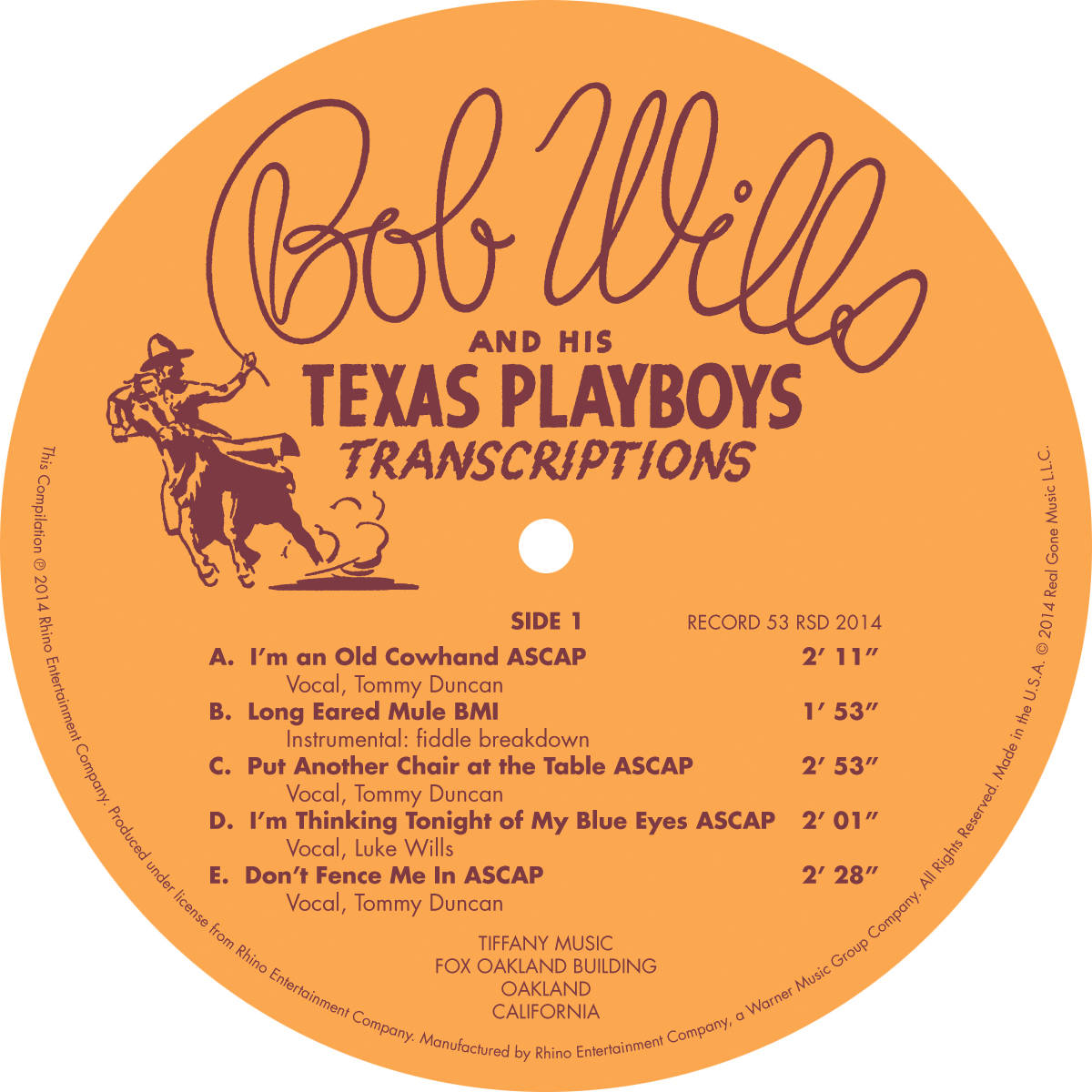Entertainment 桌布 壁紙 — 橙色黑膠唱片標籤， featuring Bob Wills and His Texas Playboys，附有牛仔插圖和歌曲列表。