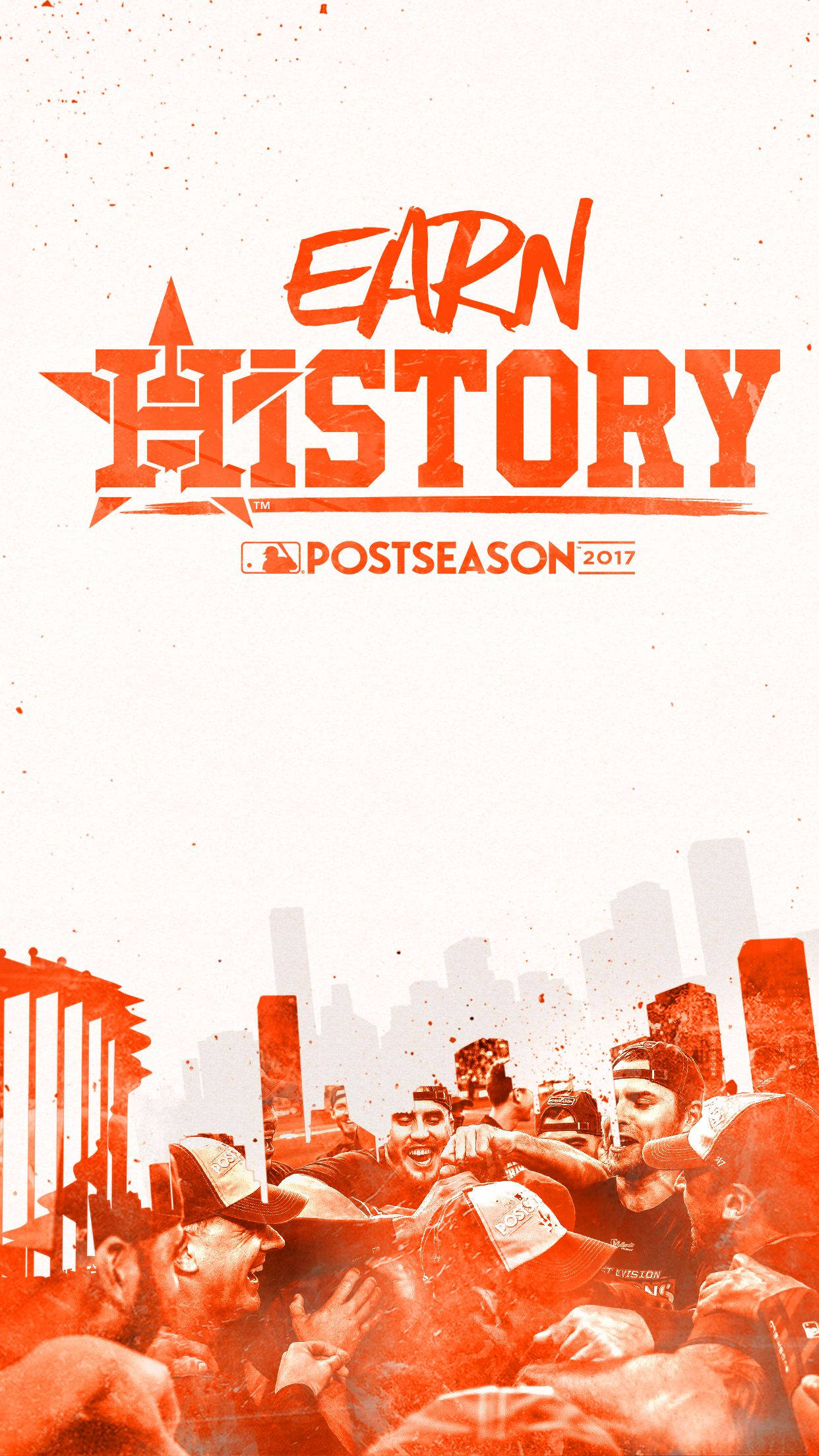 Astros 桌布 壁紙 — 橙調的棒球運動員在城市天際線背景下，於粗體「EARN HISTORY」文字下勝利慶祝。