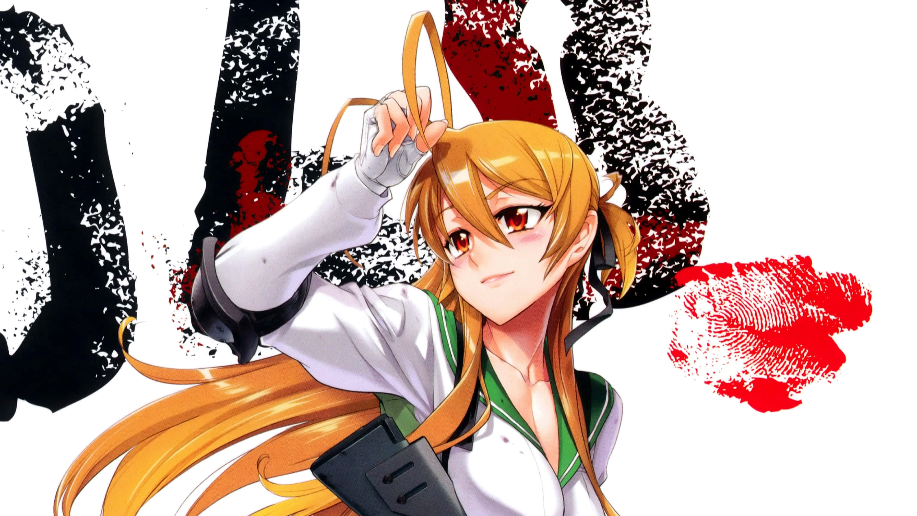 Highschool Of The Dead 桌布 壁紙 — 橙髮紅眼動漫女孩在純白背景上揮舞劍，帶有醒目的黑色和紅色潑濺。