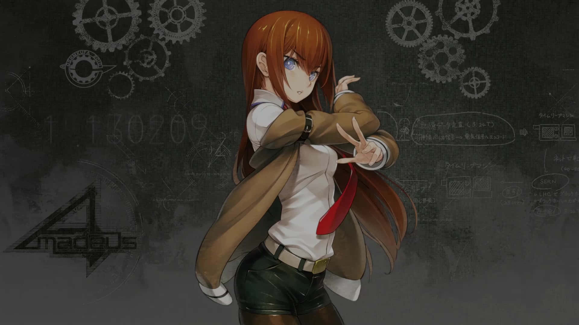 kurisu makise 桌布 壁紙 — 橙髮藍眼動漫女孩在充滿齒輪和方程式的黑板前擺姿勢。
