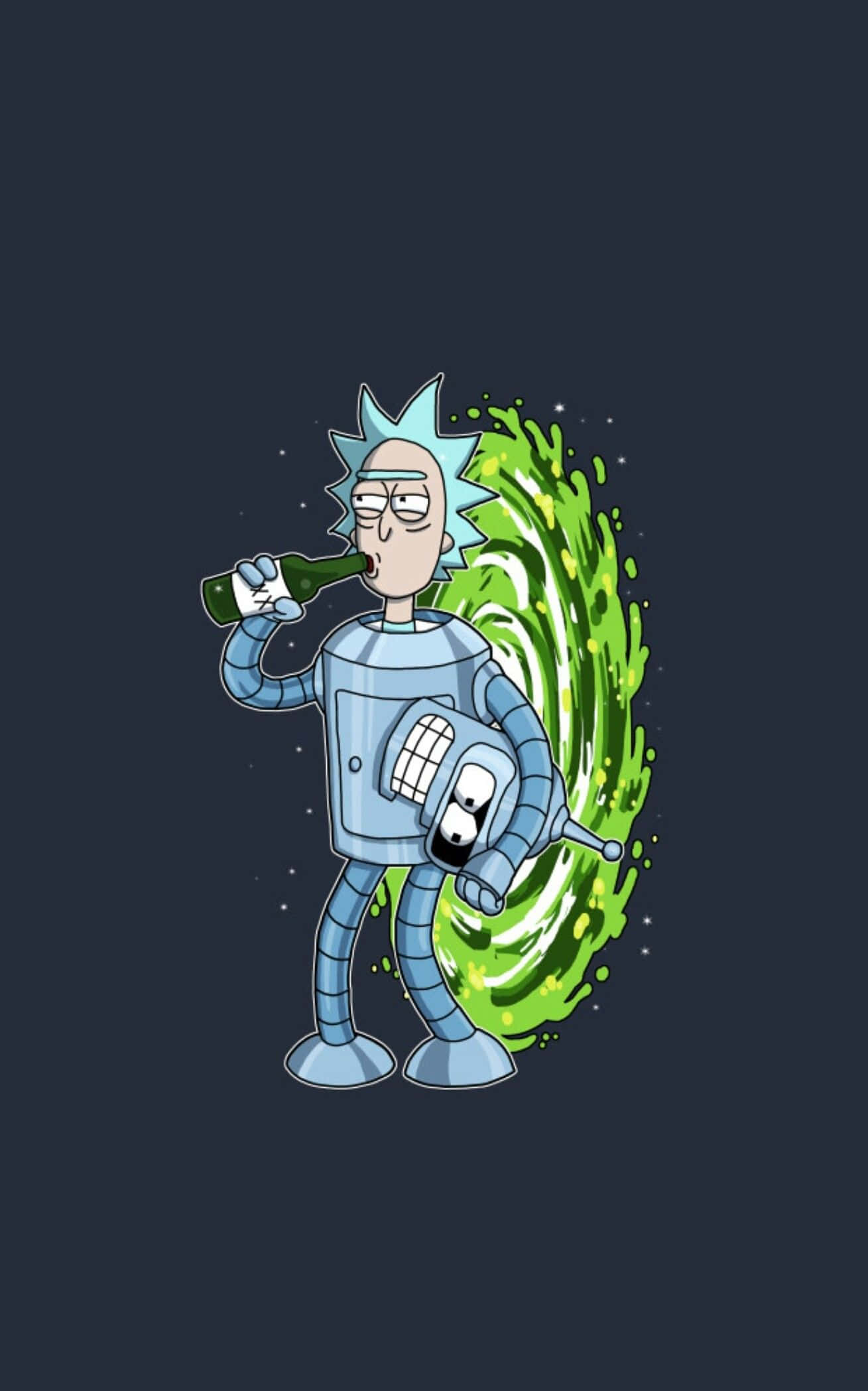 Total Rickall 桌布 壁紙 — 機器人版本的瑞克·桑切斯從瓶子裡喝東西，背後有一個綠色傳送門在黑暗背景中旋轉。