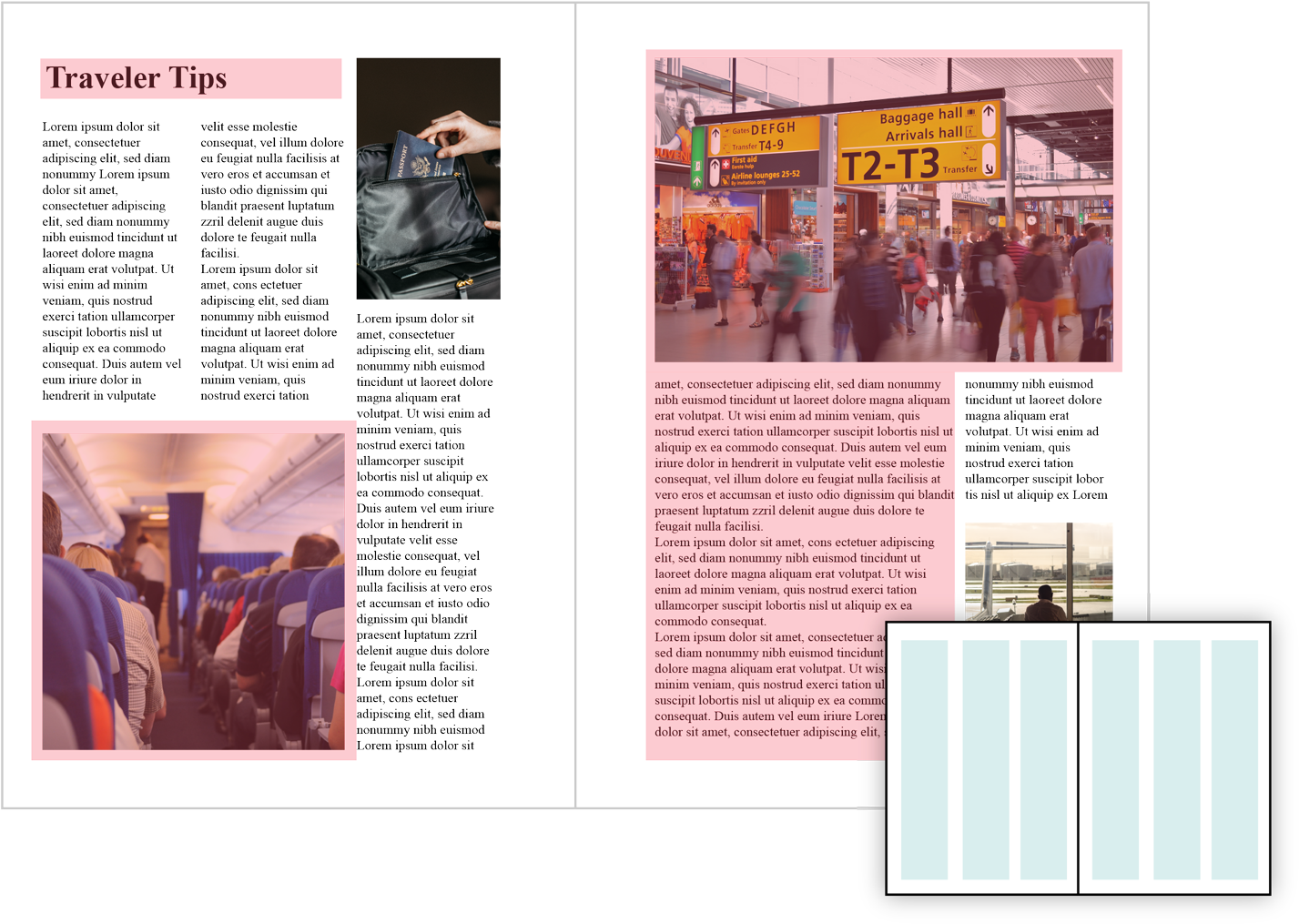 雜誌 桌布 壁紙 — 機場場景的拼貼畫，包括坐在座位區的旅客以及指示前往行李大廳和登機口的頭頂標誌。