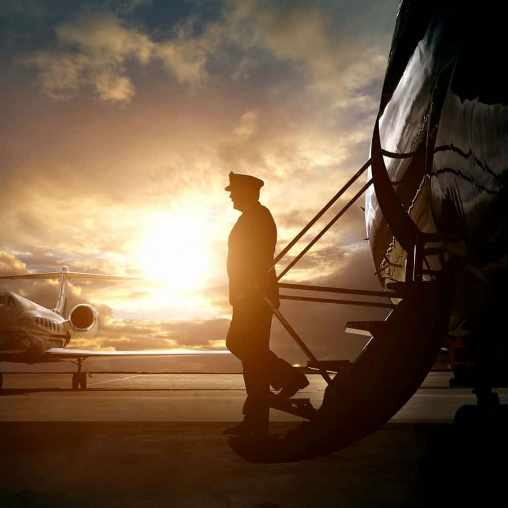 日落 桌布 壁紙 — 機師的剪影登上私人飛機的樓梯，夕陽在停機坪上另一架飛機後方落下。
