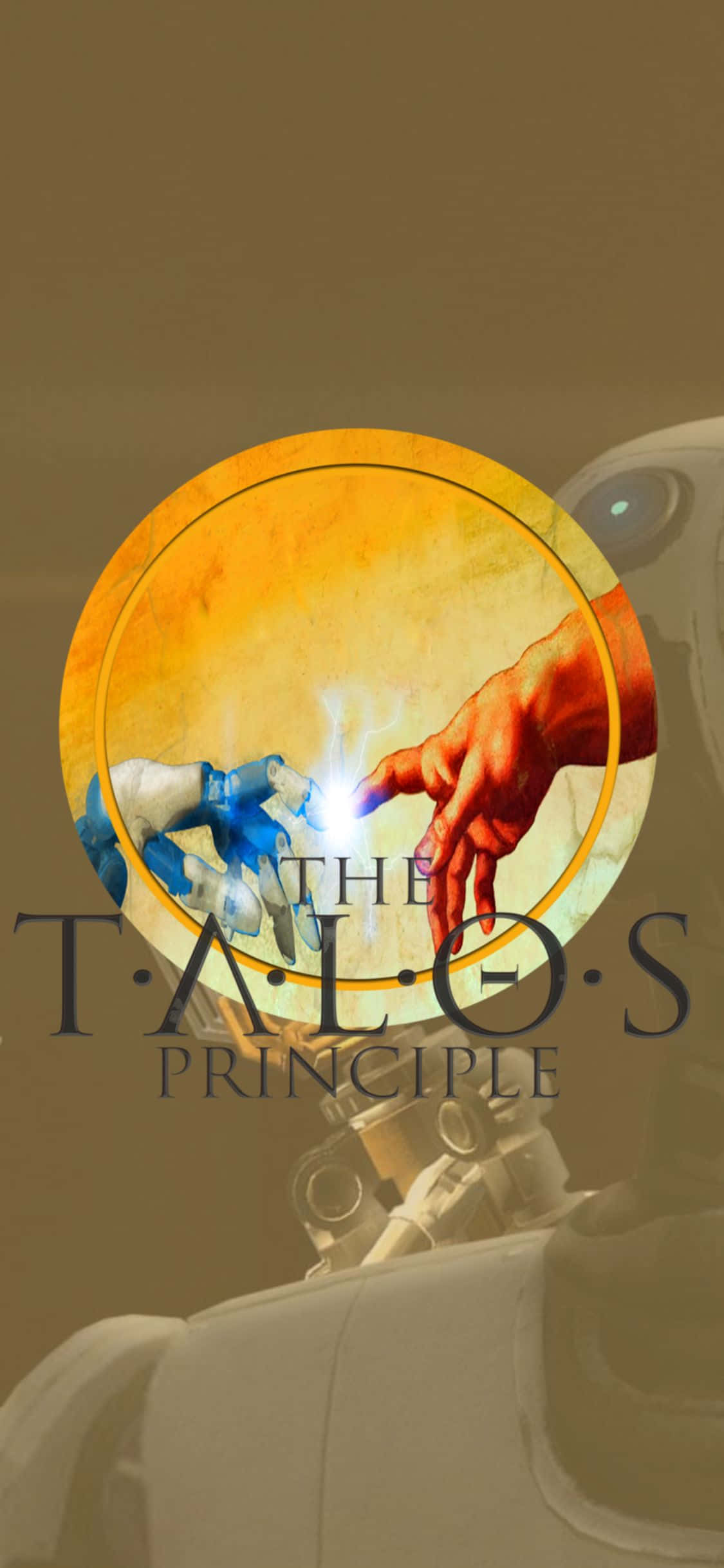 iPhone Xs The Talos Principle 桌布 壁紙 — 機械手伸向人類的手，在一個發光的圓形框架內，背景柔和。