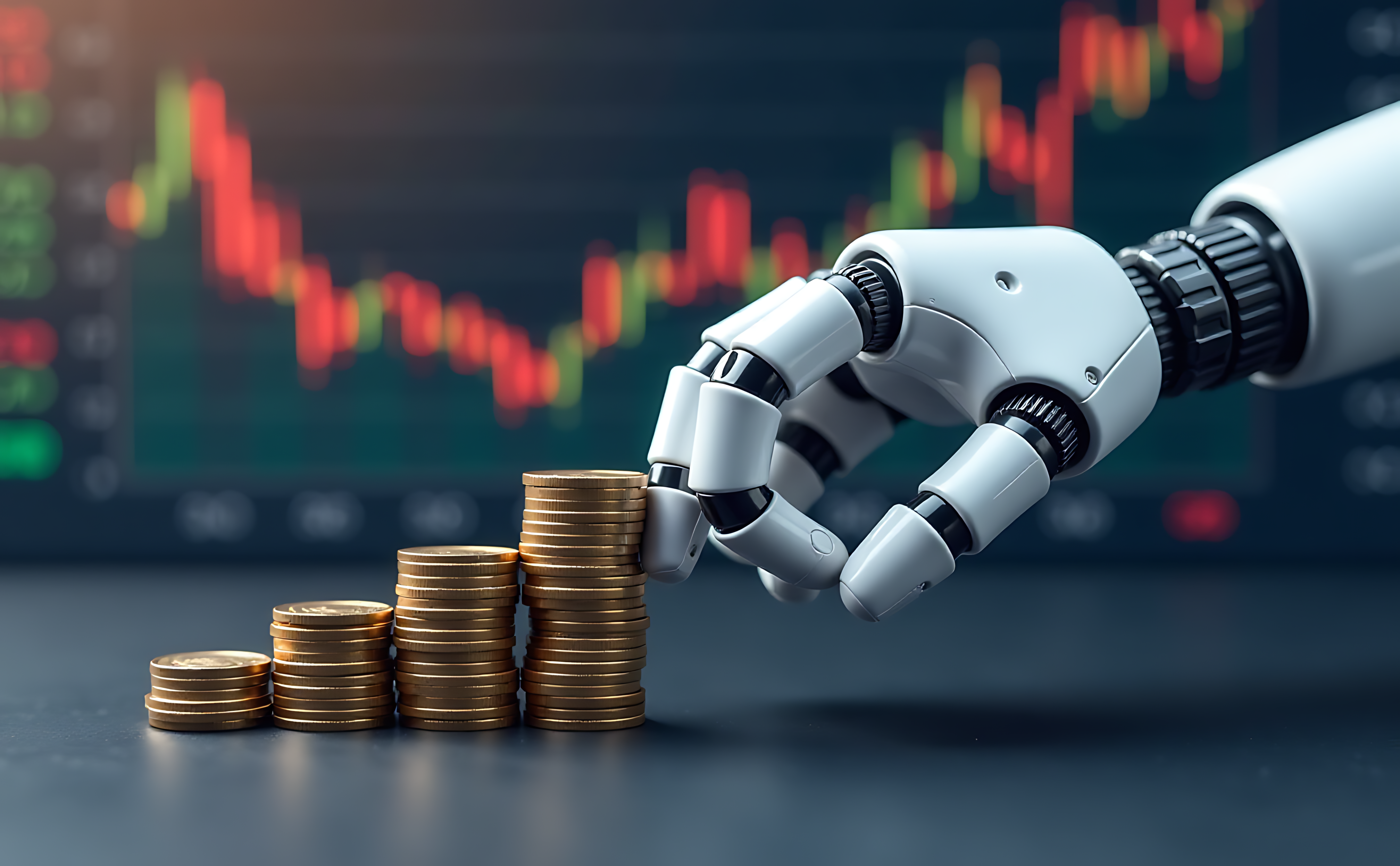 Coins 桌布 壁紙 — 機械手在模糊的股票市場圖表背景下，將金幣堆疊成遞增的堆疊。