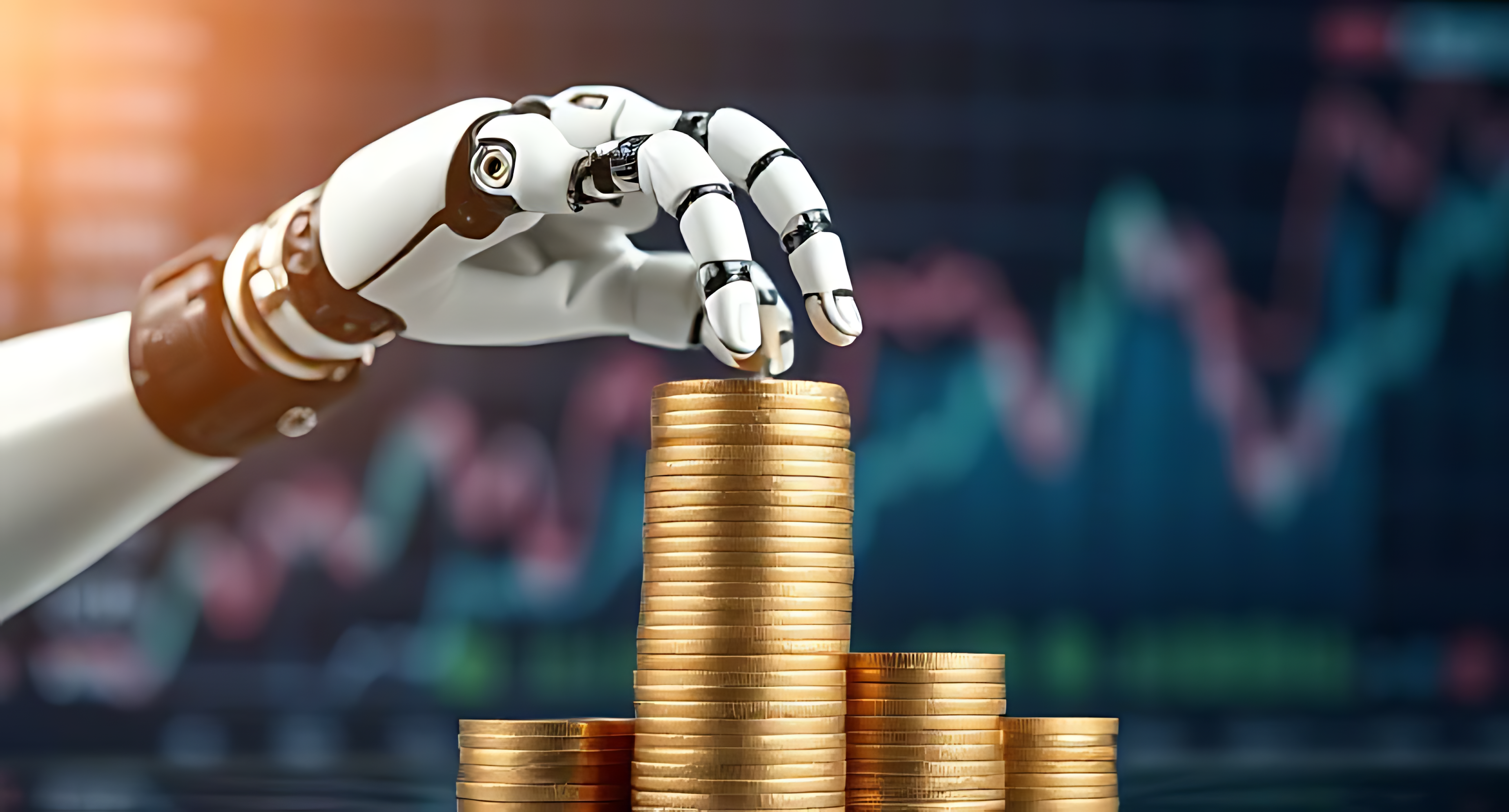 Coins 桌布 壁紙 — 機械手將一枚金幣放在一堆金幣之上，背景是模糊的金融圖表。