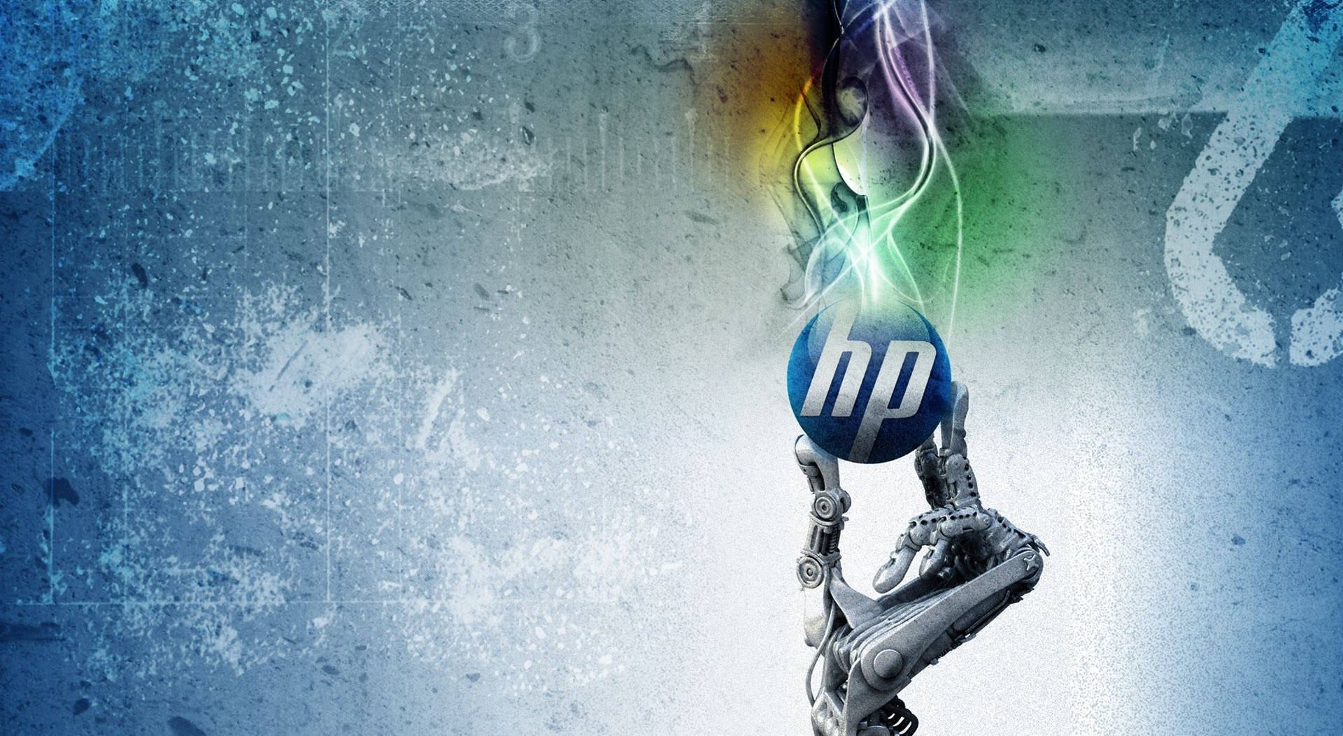Hp Laptop 桌布 壁紙 — 機械手握住一個發光的藍色HP標誌，在紋理藍色混凝土牆上散發出鮮豔的彩虹能量。