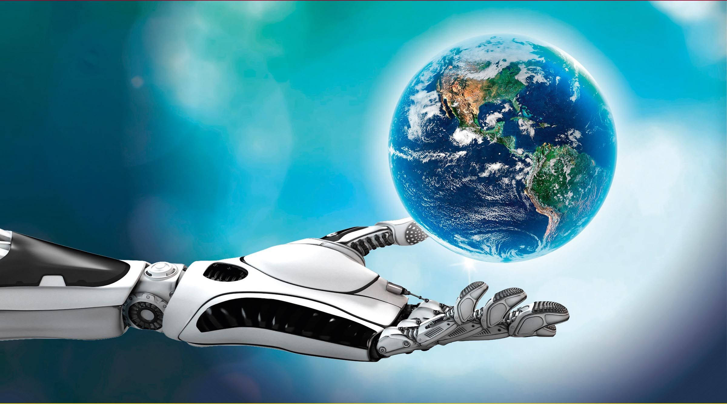 Earth Day 桌布 壁紙 — 機械手輕輕托住一個細節豐富的地球儀，背景是柔和的藍色漸變。