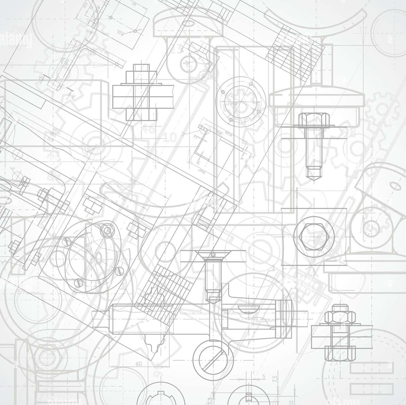Industrial 桌布 壁紙 — 機械零件、齒輪、螺栓和軸的技術藍圖疊加，以精確線條藝術呈現於淺灰色背景上。