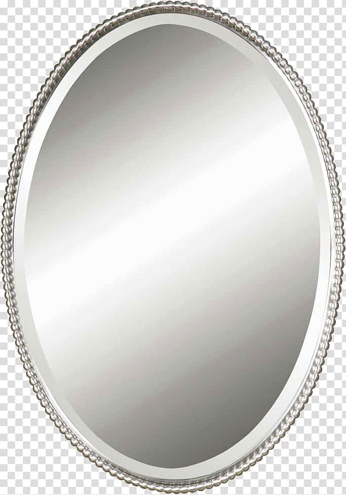 mirror 桌布 壁紙 — 橢圓形鏡子，銀色珠飾邊框，在方格背景上反射柔和光線。