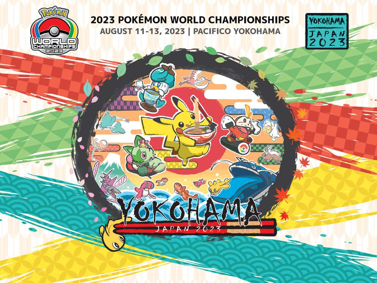 Pokemon World Championships 桌布 壁紙 — 橫濱2023年寶可夢世界錦標賽的鮮豔動畫風格海報，以皮卡丘和其他寶可夢為特色，採用色彩繽紛的圓形設計。