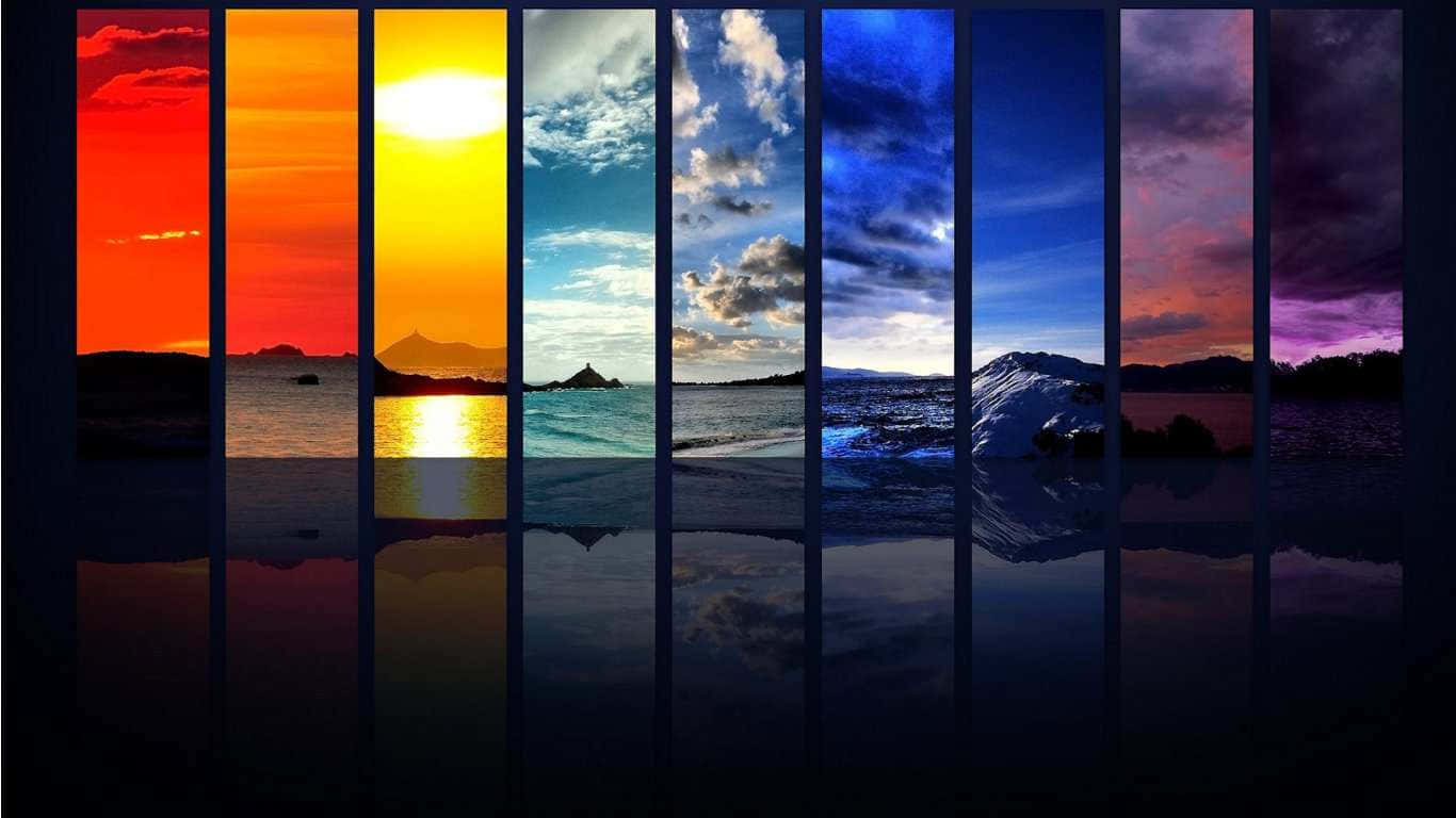 1366x768 桌布 壁紙 — 橫跨七個垂直面板的鮮豔日落漸變，展示從火橙色到深紫色黃昏的海洋景觀。