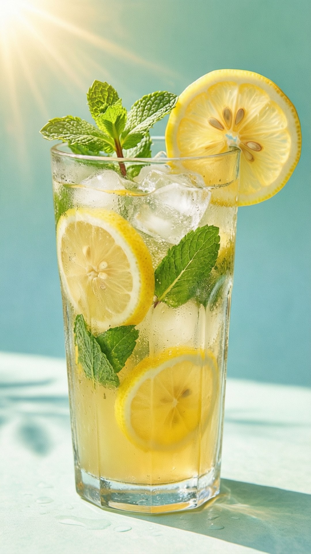 檸檬水夏日飲品 壁紙 — 一杯清爽的檸檬水，配上冰塊、薄荷和檸檬片，沐浴在明亮的陽光下，背景是藍綠色。