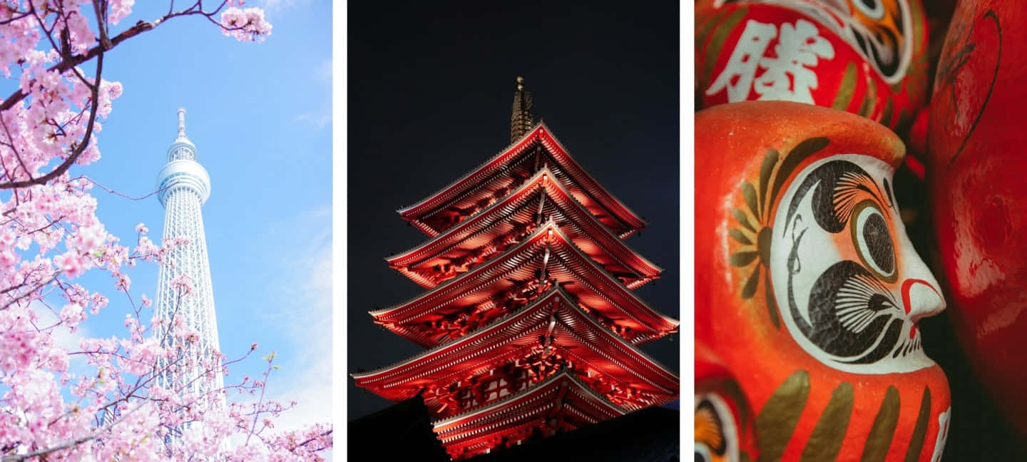 Red Japanese 桌布 壁紙 — 櫻花在藍天下框住東京鐵塔，旁邊有一座發光的紅色寶塔和鮮紅色的達摩娃娃。