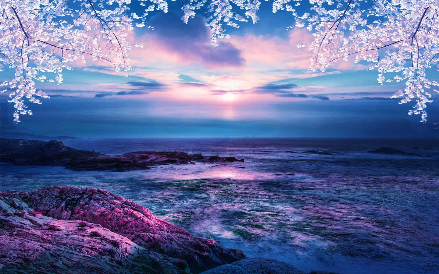 Pretty Ocean 桌布 壁紙 — 櫻花框住黃昏時寧靜的海洋，粉紅和紫色調在水面和岩石上反射。
