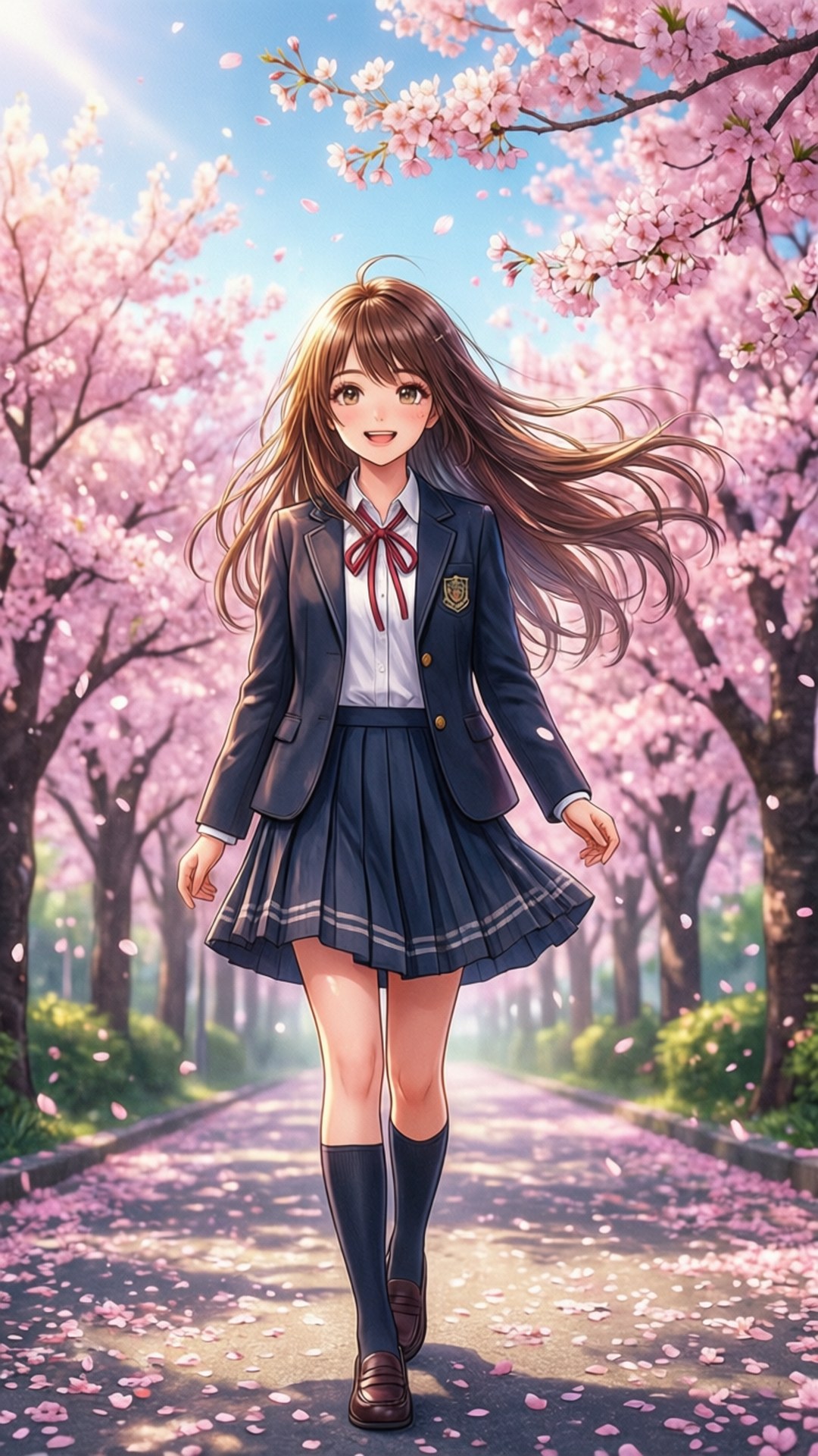 櫻花步道 壁紙 — 一個微笑的動漫女學生穿著校服，在盛開的櫻花樹下走著，花瓣飄落。