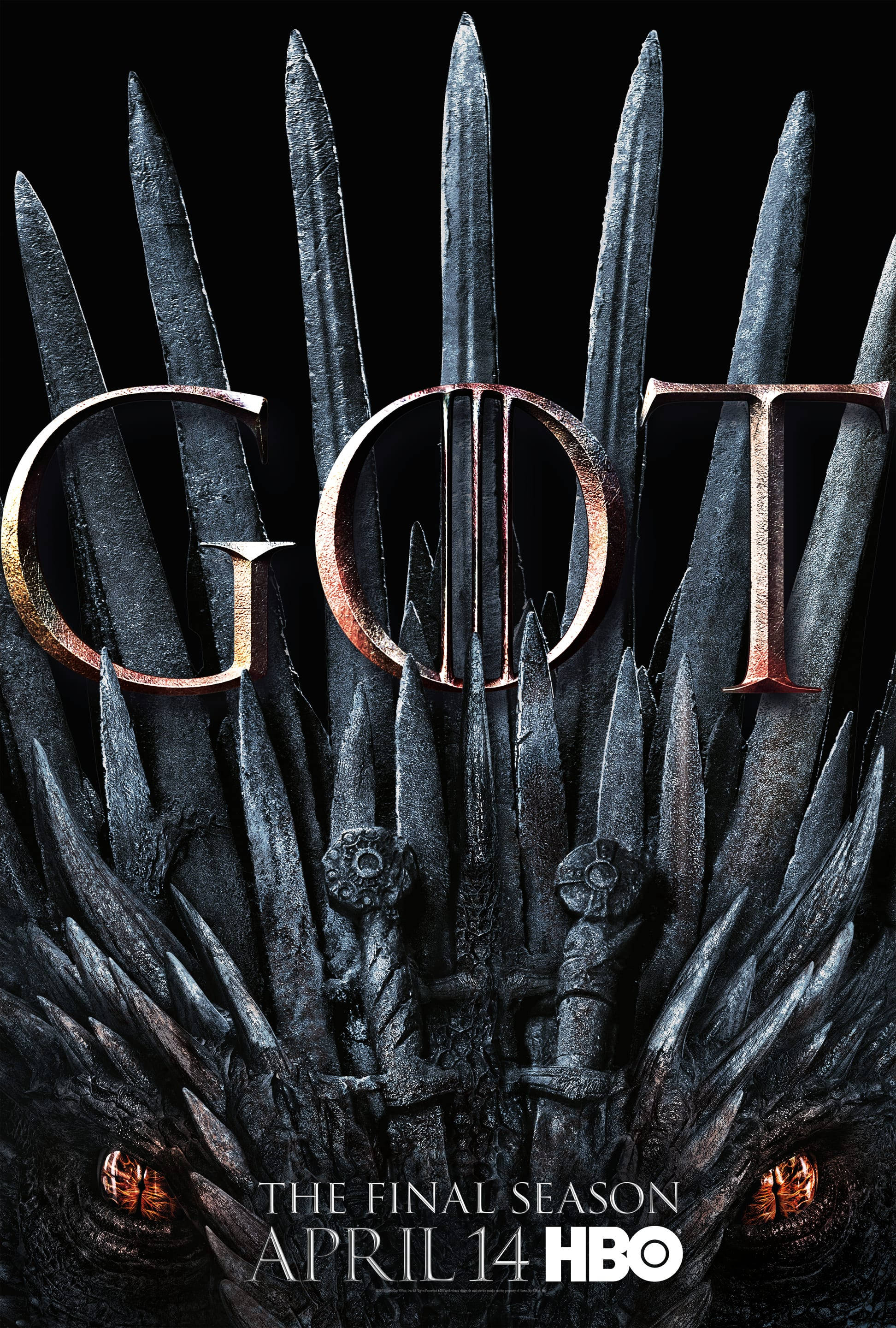 HBO 桌布 壁紙 — 《權力遊戲》中的鐵王座，帶有發光的橙色眼睛，黑色背景上以金屬金色呈現「GOT」字樣。