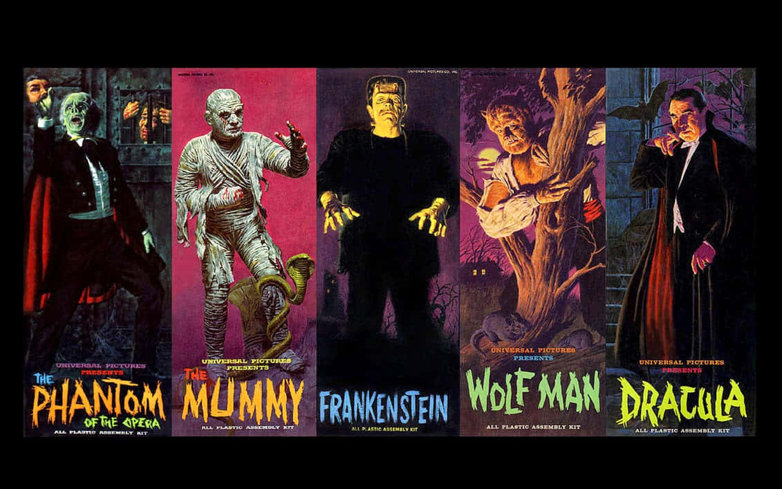 Monster Movies 桌布 壁紙 — 歌劇魅影、木乃伊、科學怪人、狼人、德古拉的復古恐怖電影海報，色彩大膽，姿勢戲劇化。