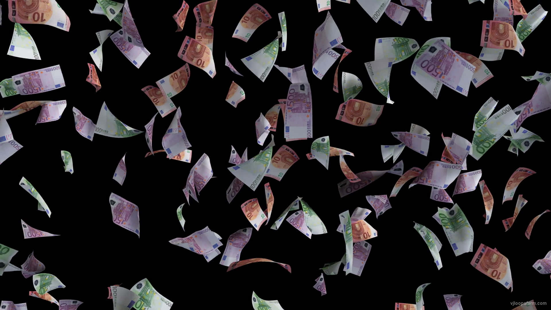 Money Falling 桌布 壁紙 — 歐元鈔票在純黑背景上動態飄揚，營造出突然財富或金融慶祝的感覺。