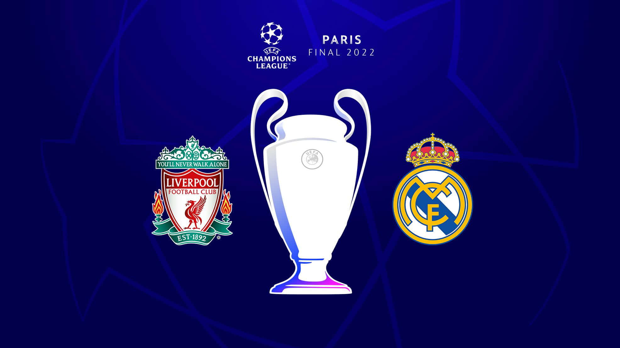 Champions League 桌布 壁紙 — 歐冠獎盃置中於利物浦與皇家馬德里隊徽之間，背景為深藍色幾何圖案。