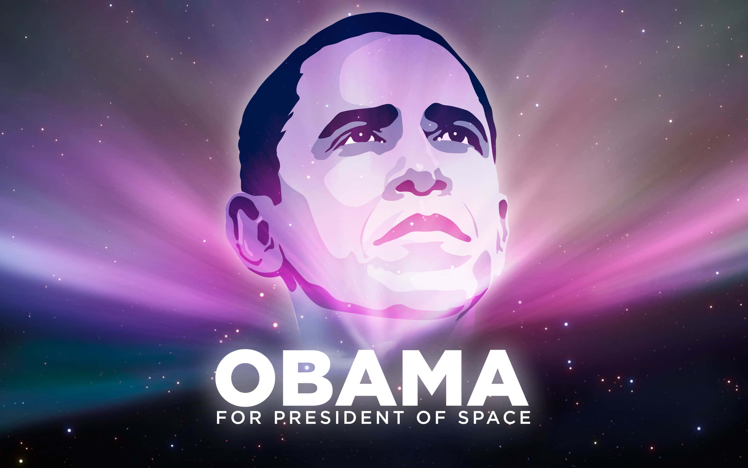 Barack Obama 桌布 壁紙 — 歐巴馬的風格化肖像，背景是宇宙，有耀眼的紫色光束和星星。