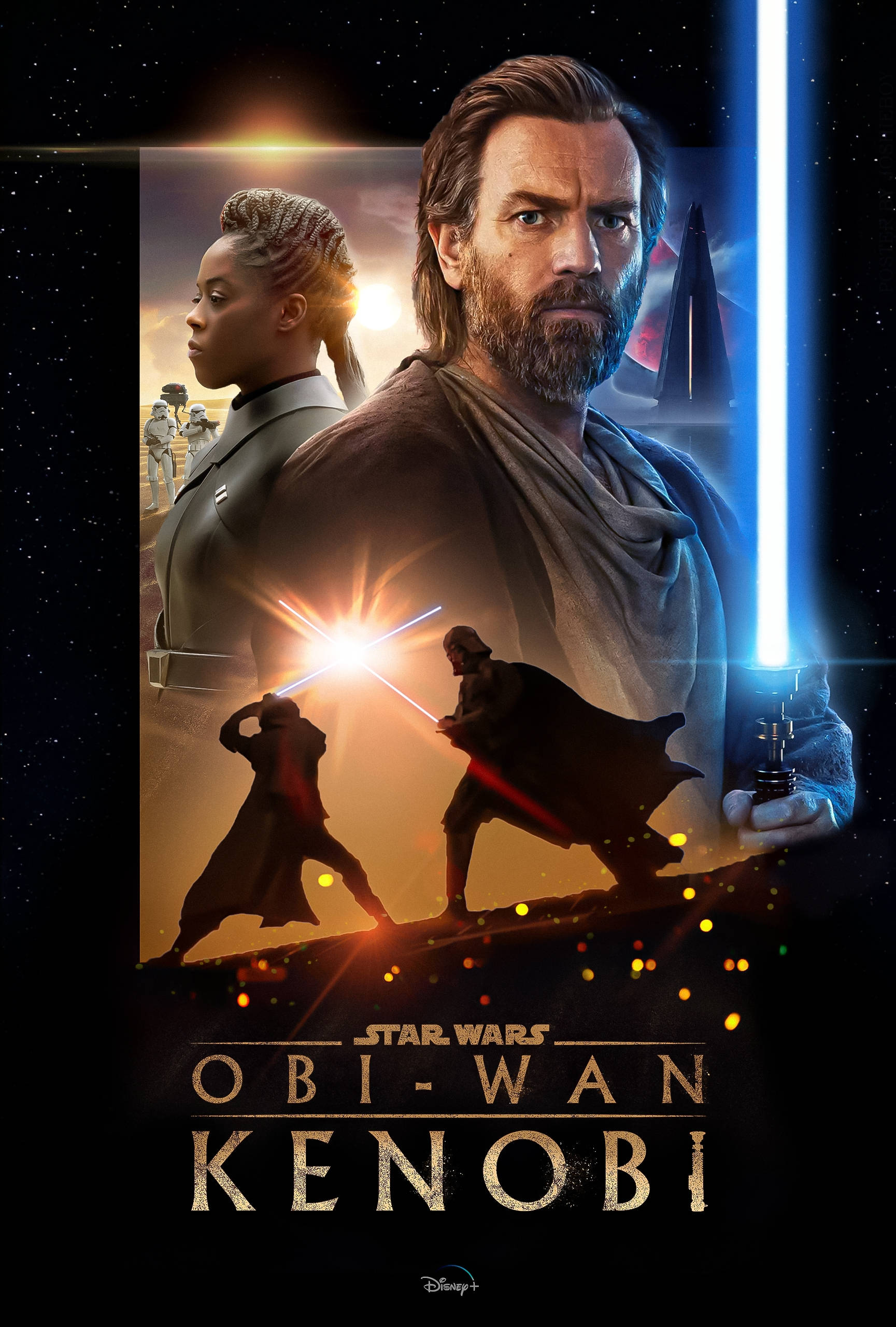 Kenobi 桌布 壁紙 — 歐比王·肯諾比手持藍色光劍，背景是星空宇宙，下方有亞蘇卡·譚諾和決鬥場景。