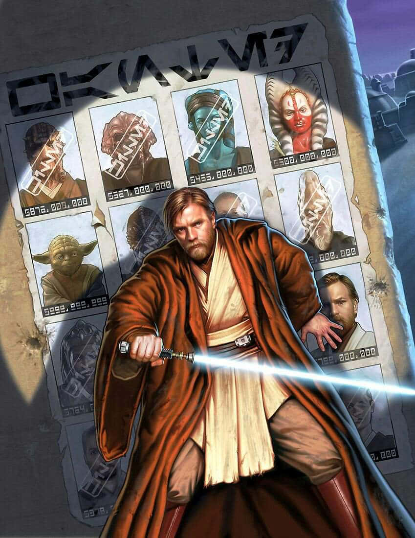 The Great Jedi Purge 桌布 壁紙 — 歐比王·肯諾比揮舞著發光的光劍，站在一張顯示賞金獵人和其他星戰角色的通緝海報前。