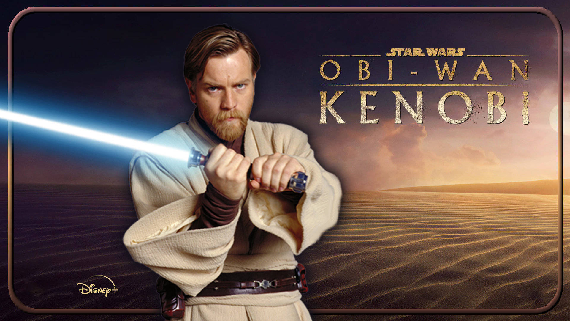 Kenobi 桌布 壁紙 — 歐比王·肯諾比站在沙漠中，手持發光的藍色光劍，背後是壯麗的日落。