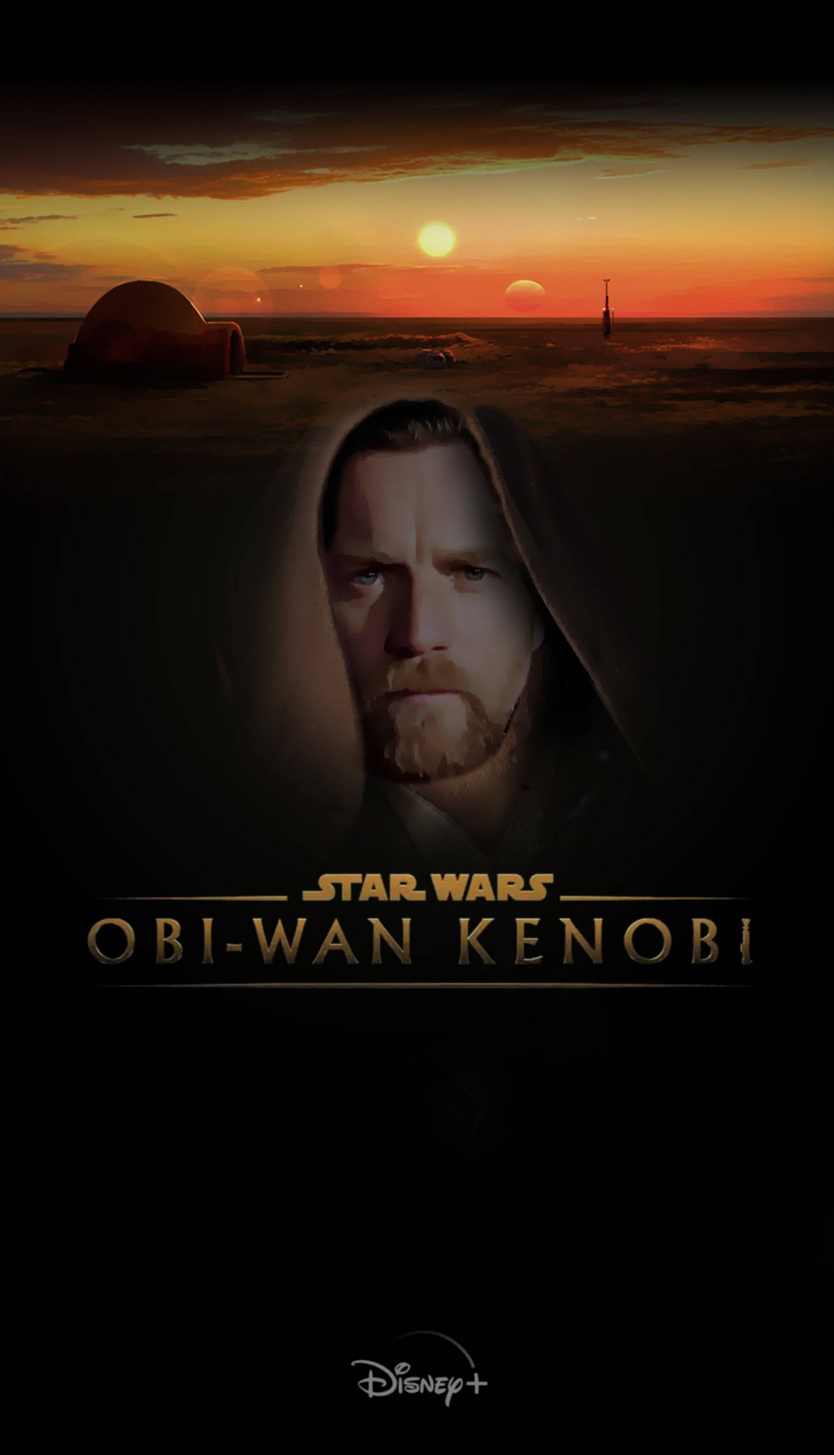Kenobi 桌布 壁紙 — 歐比王肯諾比從深色兜帽中嚴肅地凝視著沙漠上熾熱的日落，背景有圓頂和遠處的塔樓。