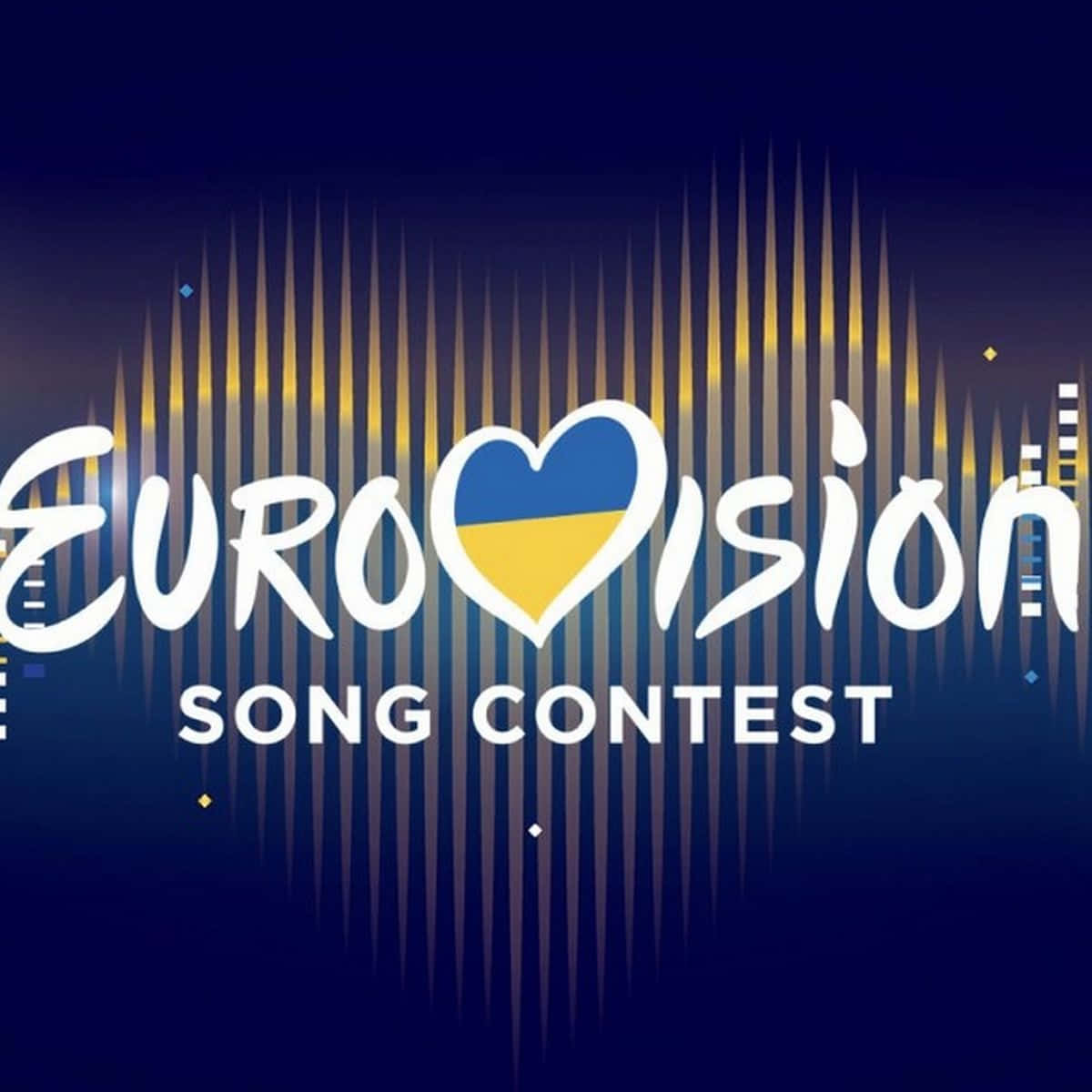 Eurovision 2023 桌布 壁紙 — 歐洲歌唱大賽標誌，在深藍色背景上有一個烏克蘭國旗形狀的心形，並帶有金色聲波線條。