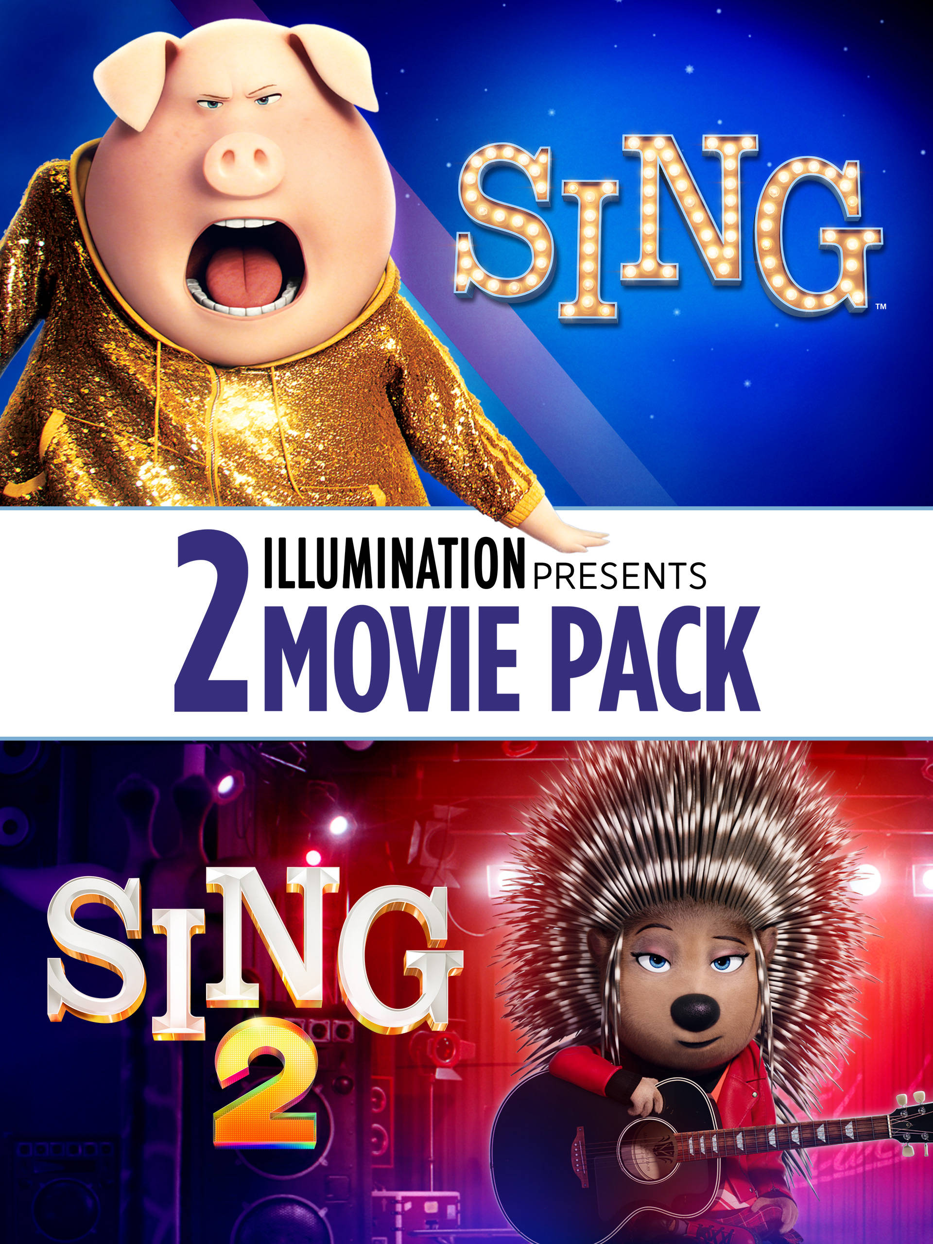 電影動圖 桌布 壁紙 — 《歡樂好聲音2》充滿活力的動畫海報，展示一隻金色的唱歌豬和一隻刺蝟吉他手在舞台燈光下。