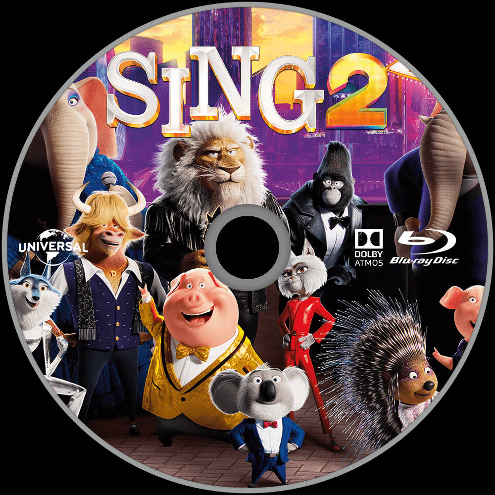 電影動圖 桌布 壁紙 — 《歡樂好聲音2》充滿活力的動畫電影光碟封面，以城市天際線為背景，展示穿著正式服裝的彩色動物角色。