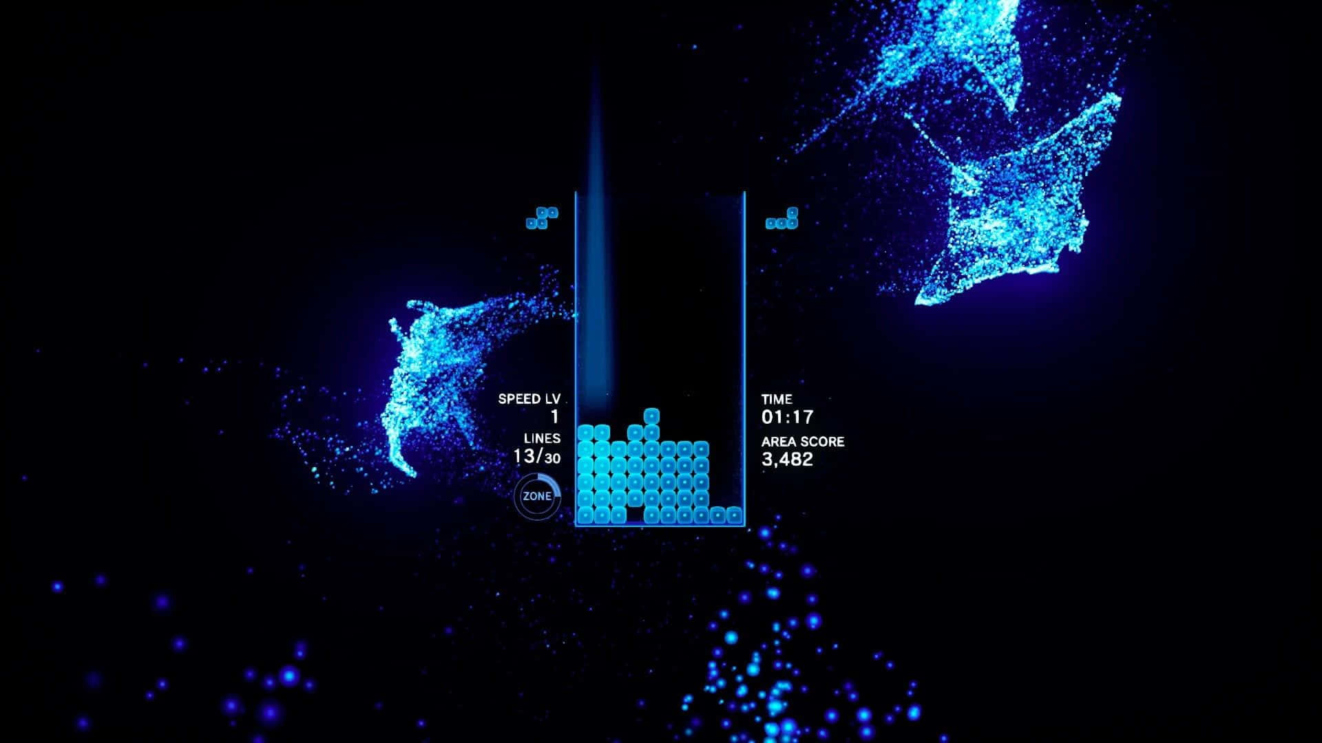 tetris 桌布 壁紙 — 正在進行的發光藍色俄羅斯方塊遊戲，被閃爍粒子效果包圍，背景為黑色。