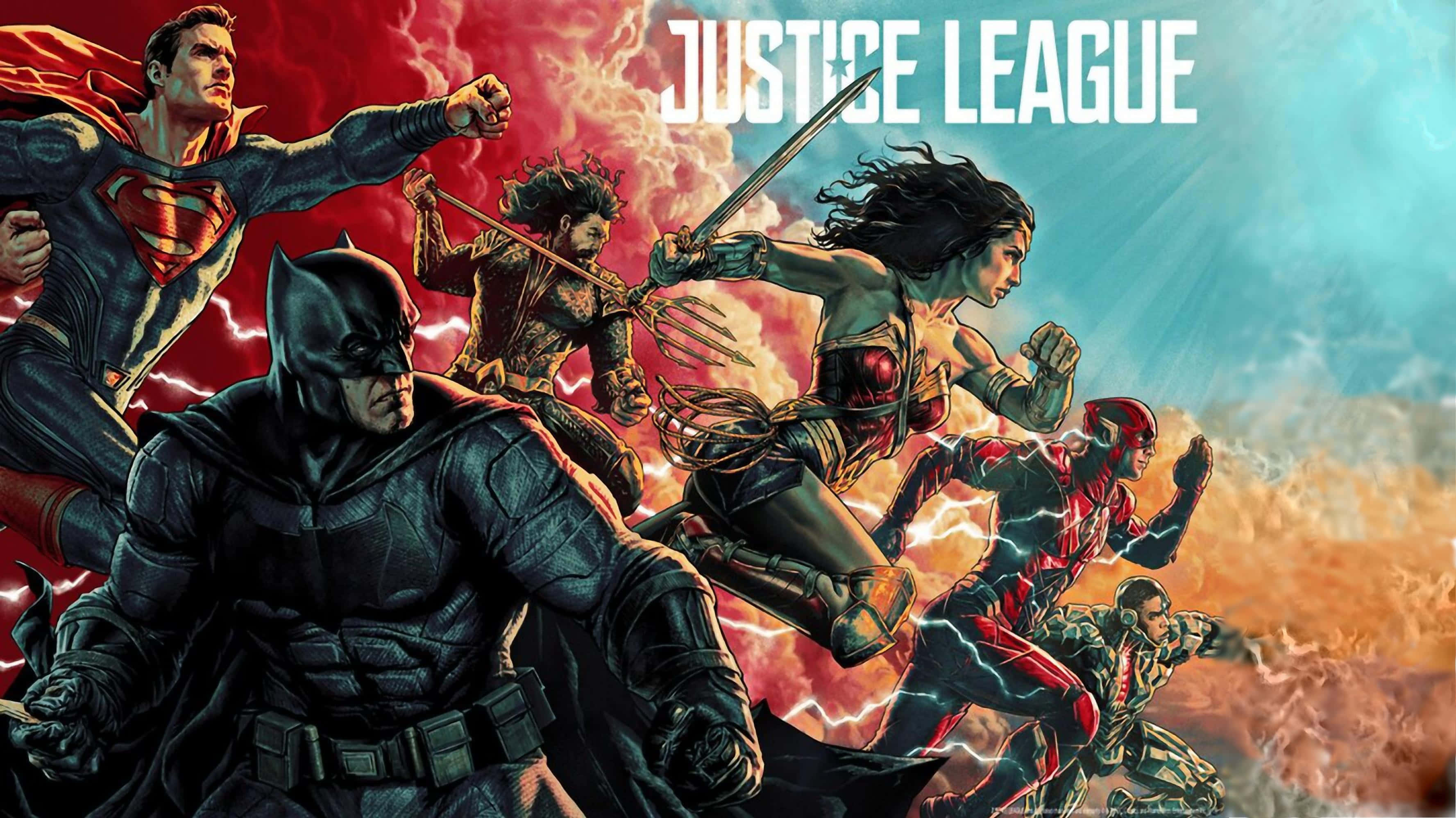 poster 桌布 壁紙 — 正義聯盟英雄以動感姿勢衝向前方，背景是火紅與電藍色的天空。