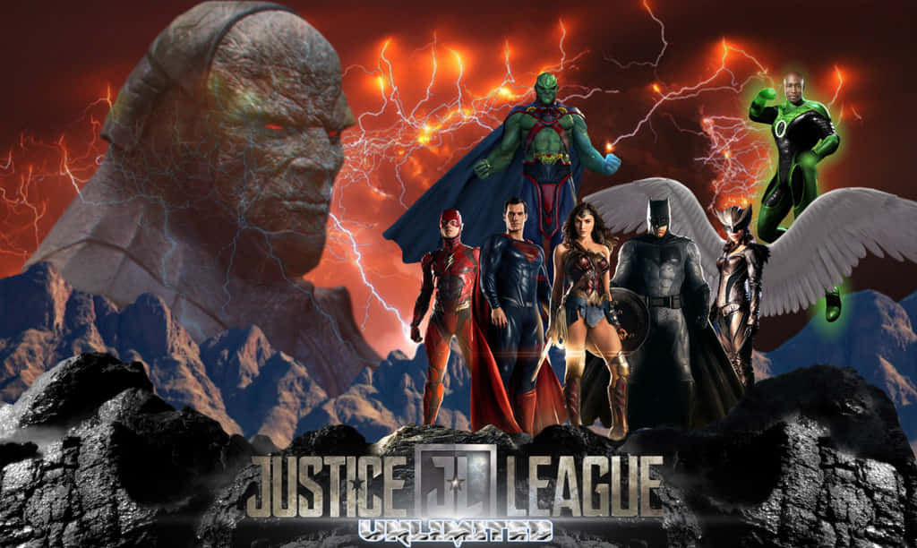 Justice League Unlimited 桌布 壁紙 — 正義聯盟英雄在熾熱閃電和崎嶇山脈中，挑釁地站在一個巨大的黑暗之神面前。