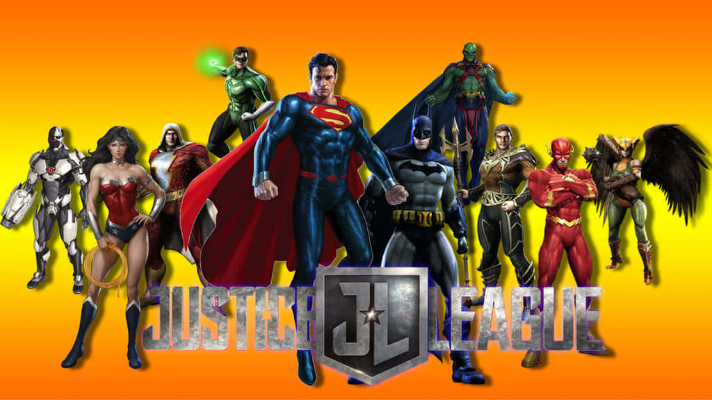 Justice League Unlimited 桌布 壁紙 — 正義聯盟英雄式地站在鮮豔的橙色漸層背景前，帶有醒目的金屬標誌。