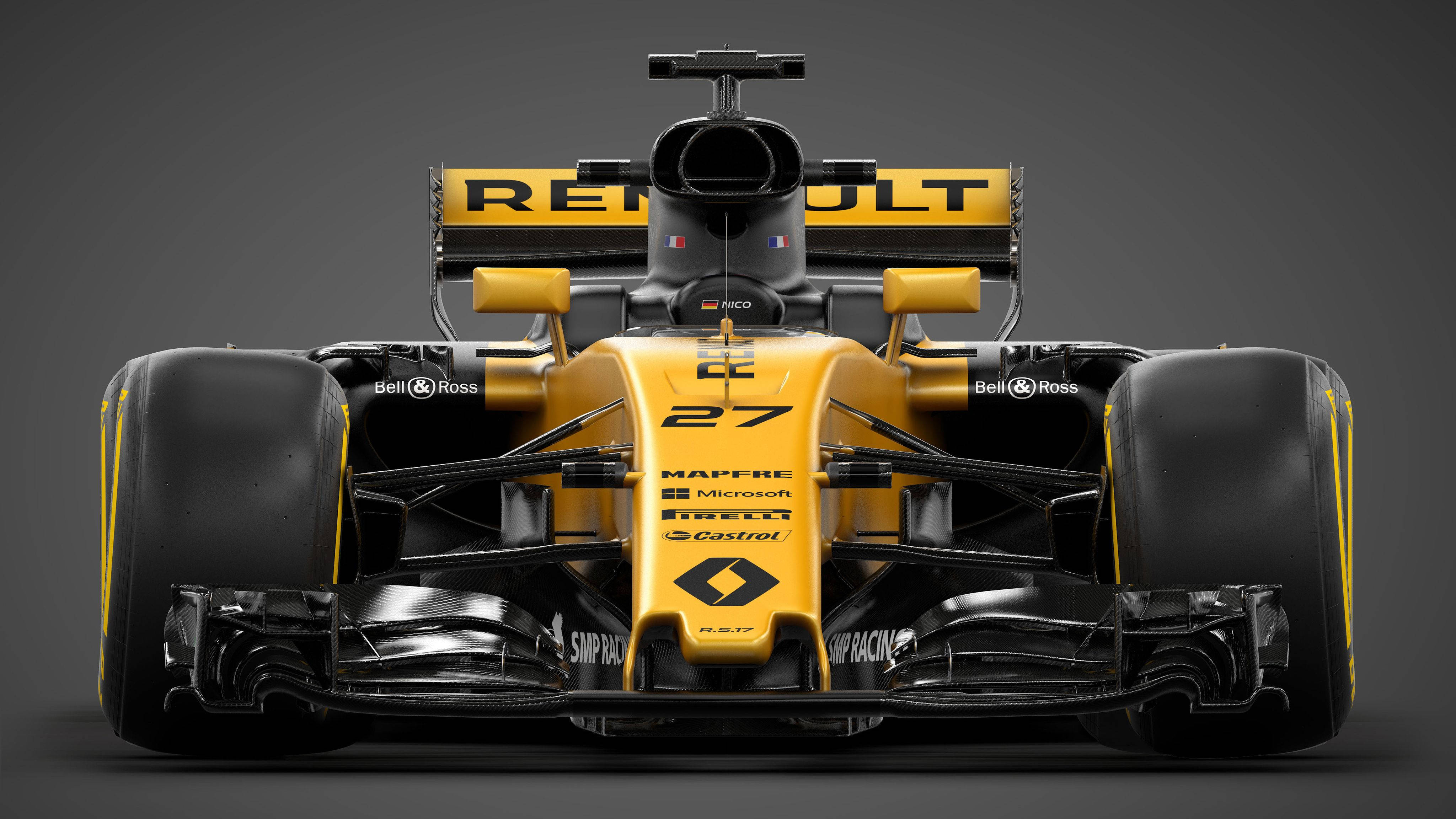 Renault 桌布 壁紙 — 正面視圖，一輛黃黑相間的雷諾一級方程式賽車，編號27，背景為深灰色攝影棚。