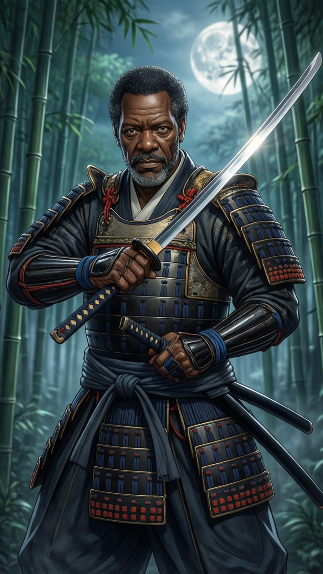 武士之魂 休伊 壁紙 — 一位嚴肅的黑人武士站在月光下的竹林裡，緊握著閃閃發光的武士刀。