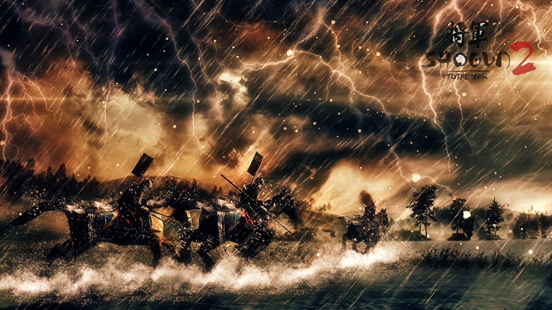 Shogun 桌布 壁紙 — 武士們在閃電交織的天空下，衝過波濤洶湧的海水，上演一場戲劇性的戰鬥場景。