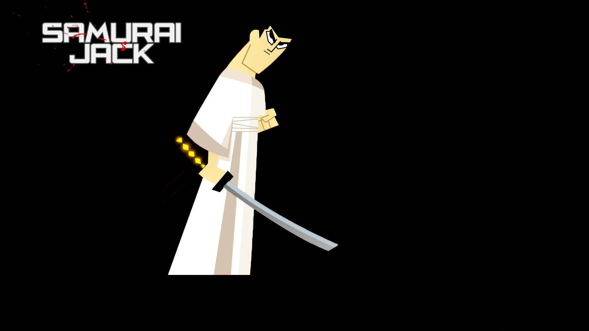Cartoon Network Characters 桌布 壁紙 — 武士傑克側身站在黑色背景前，手持一把刀柄發黃光的武士刀。