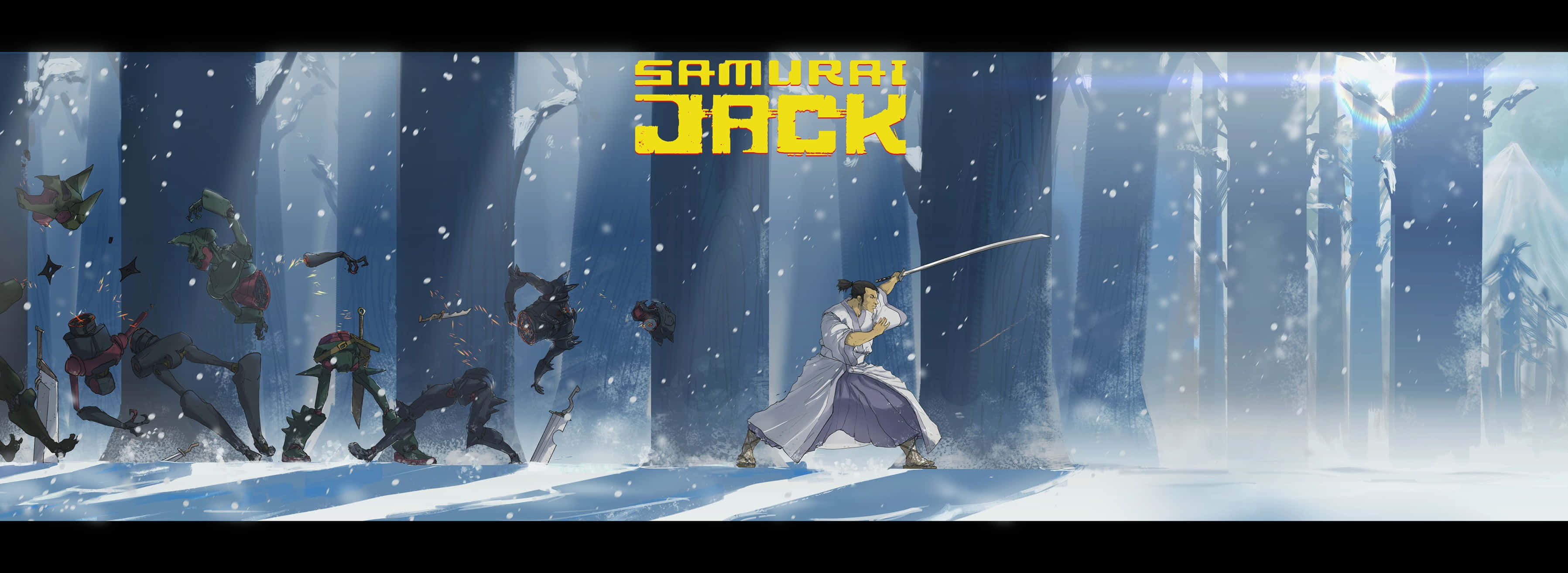samurai jack 桌布 壁紙 — 武士傑克在雪地森林中拔劍準備，陰影敵人正朝他飛來，雪花飄落。