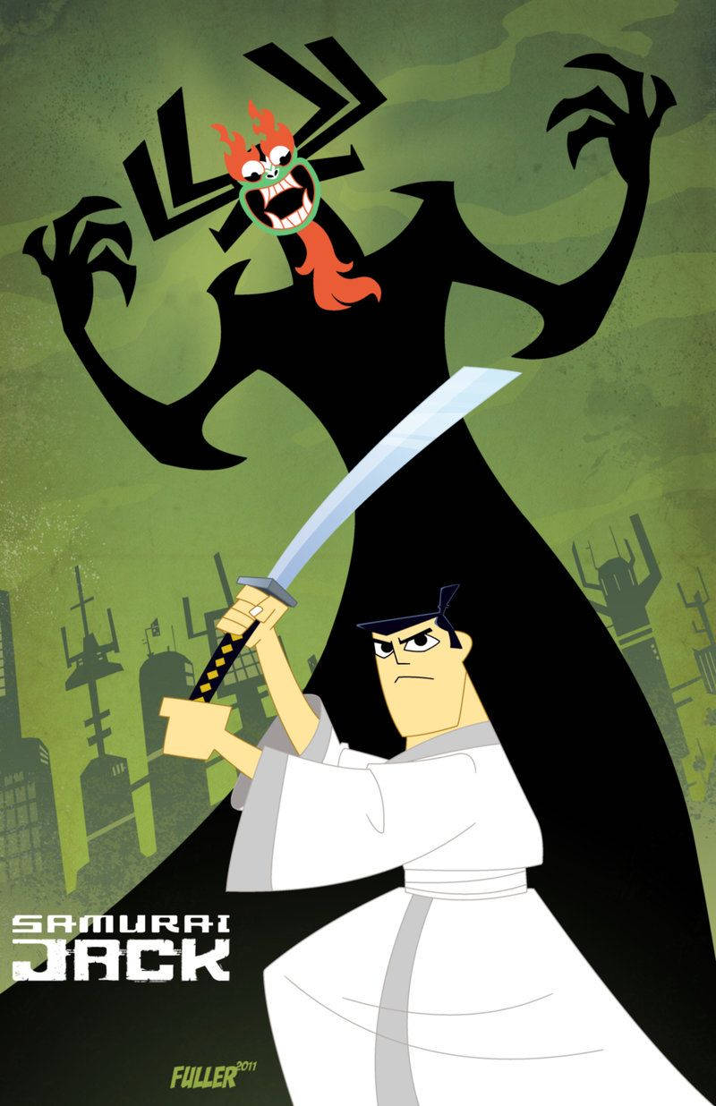 Cartoon 桌布 壁紙 — 武士傑克在風格化的動畫海報中揮劍對抗一個綠色眼睛的怪物反派。