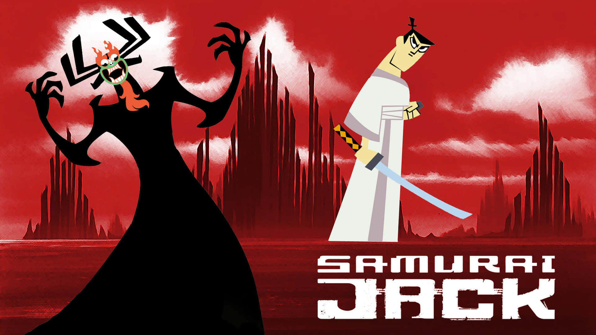 samurai jack 桌布 壁紙 — 武士傑克手持劍，準備對抗在血紅色天空和鋸齒狀尖塔下的黑暗剪影怪物。