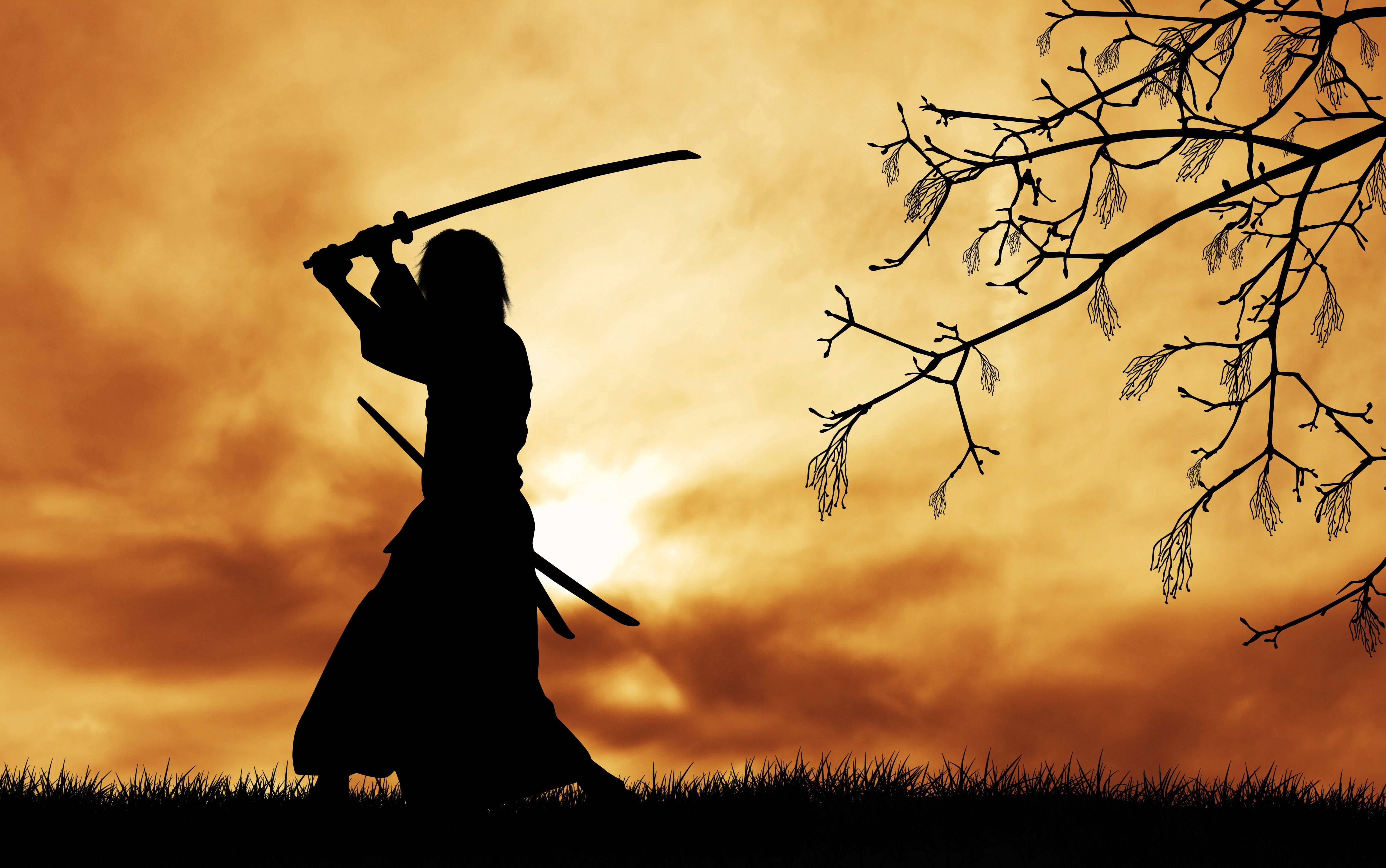 日式 桌布 壁紙 — 武士剪影，手持刀劍，背景是火紅的夕陽天空，由光禿的樹枝框住。